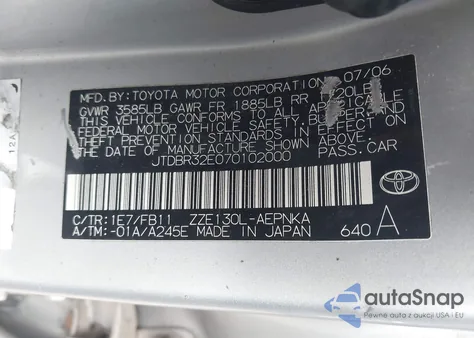 2007 Toyota Corolla Ce/Le/S from USA, damaged, VIN JTDBR32E070102000